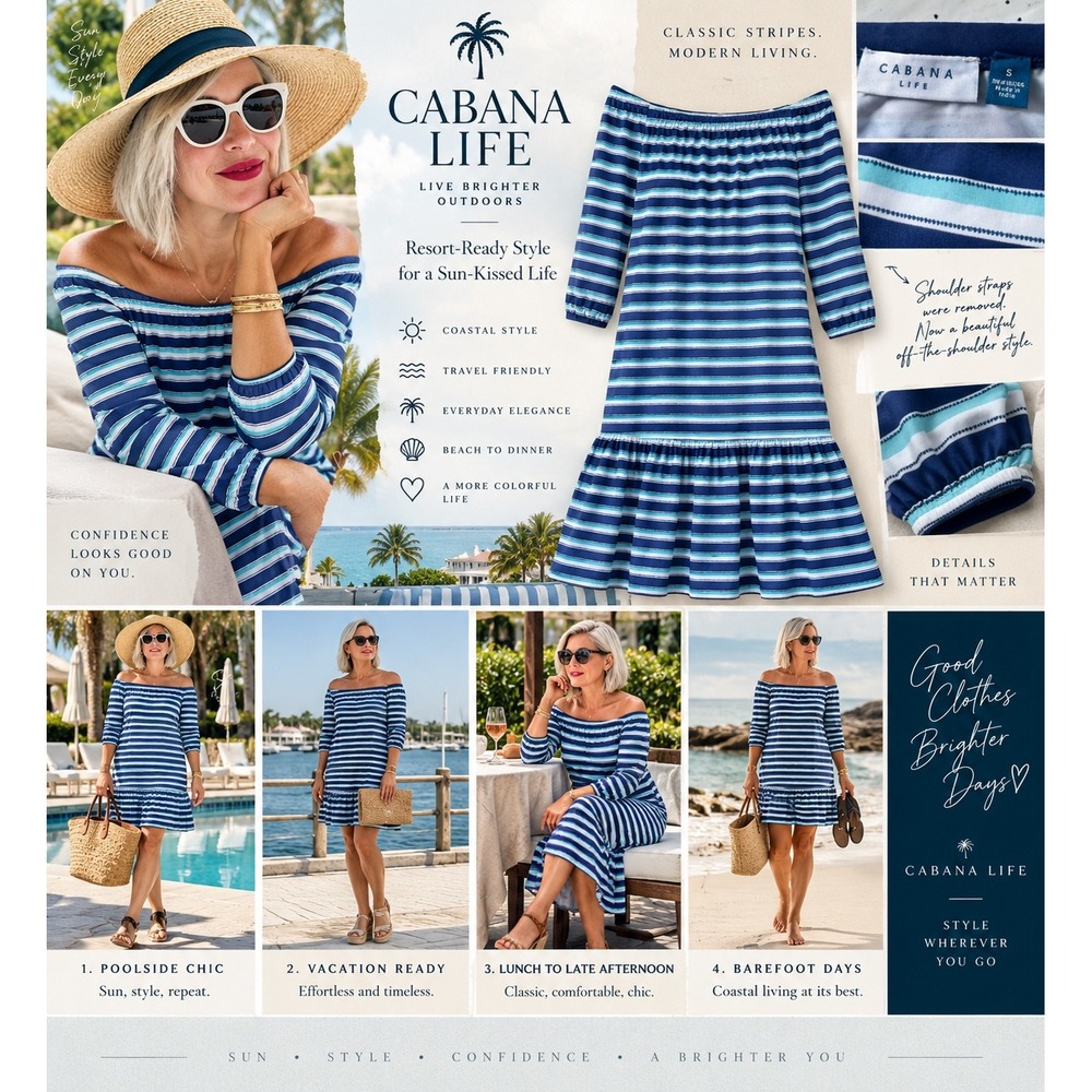 Cabana Life Dress S Navy Aqua Stripe Off Shoulder Ruffle Hem Coastal Resort